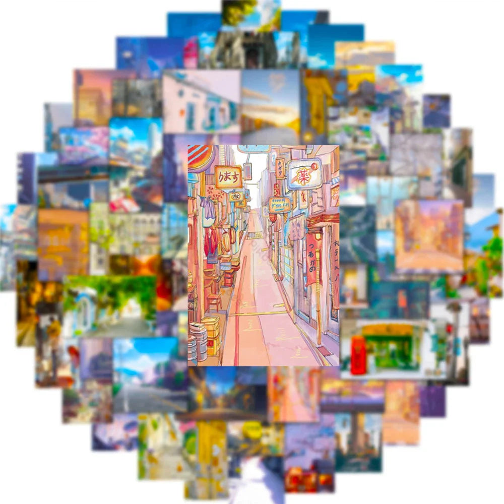 10/30/50PCS Cartoon View Street Landscape Stickers Aesthetic PVC Waterproof Decals Luggage Guitar Skateboard Sticker Decals Toys (ONLINE ORDER ONLY)