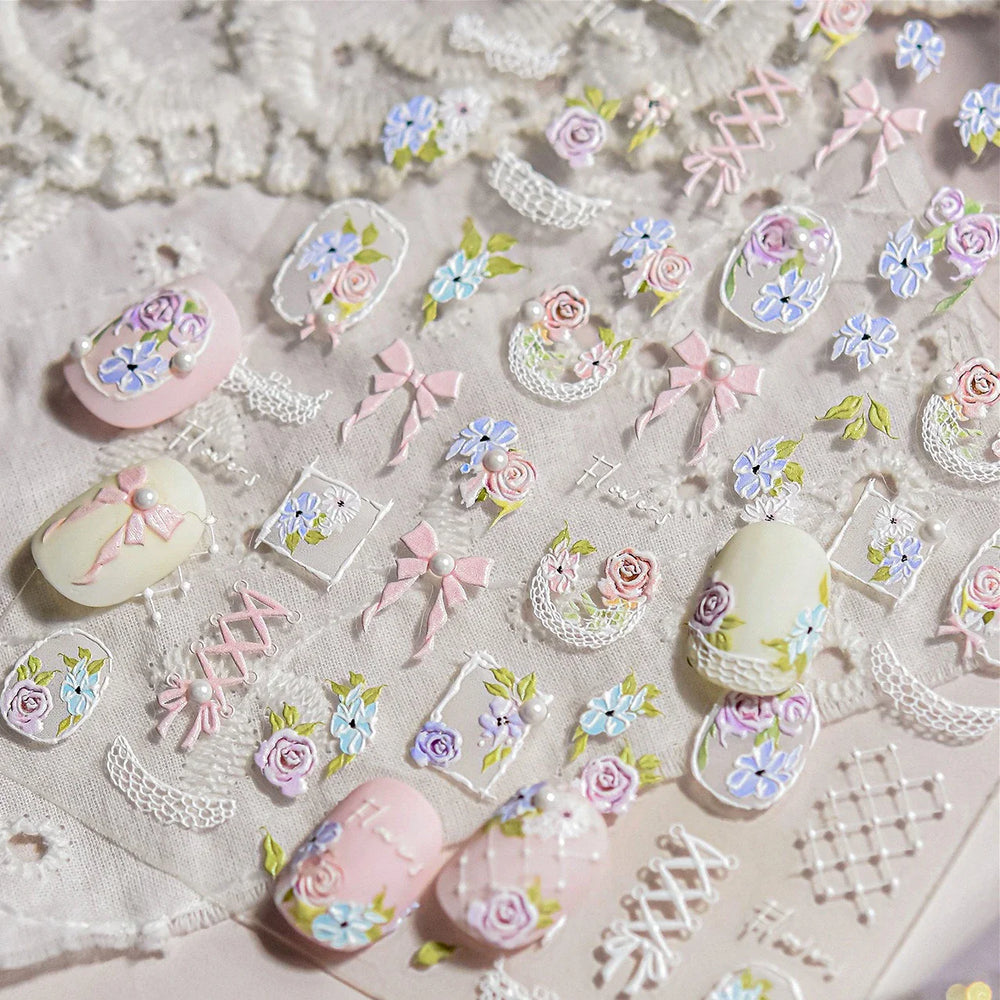 Rose Flower Bouquet Leaves Lace Bowknot Pearl Photo Frame Gird Embossed Reliefs Self Adhesive Nail Art Stickers Manicure Decals (ONLINE ORDER ONLY)