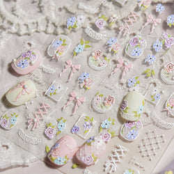 Rose Flower Bouquet Leaves Lace Bowknot Pearl Photo Frame Gird Embossed Reliefs Self Adhesive Nail Art Stickers Manicure Decals (ONLINE ORDER ONLY)