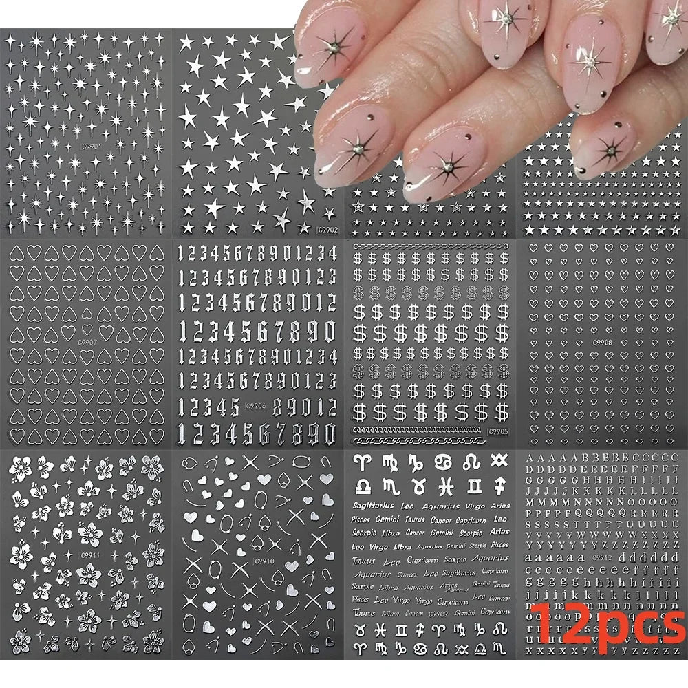 12PCS White Flowers Leaves 3D Nail Stickers Star/Moon/Sun Nail Art Decoration Decals Geometric Flower Stickers Nail Art Supplies (ONLINE ORDER ONLY)