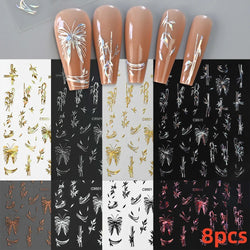 5/8Pcs 3D Hawaiian Flowers Nail Art Stickers Summer Decors with Tropical Leaves Slider Vibrant Pink & White Flowers for Parties* (ONLINE ORDER ONLY)