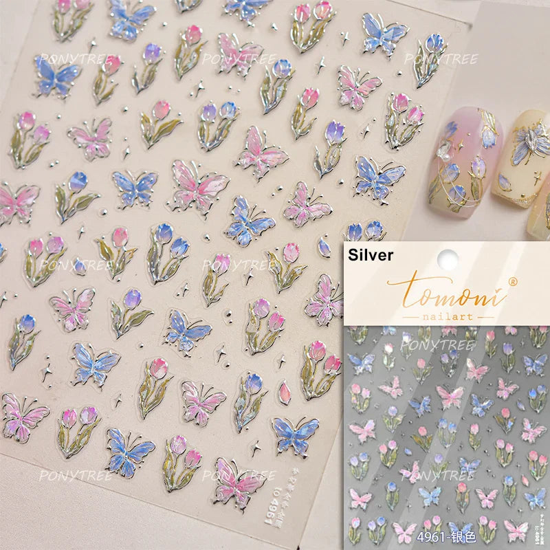 Delicate Dreamy Petal Star Tulip Flower Purple Bowknot Butterfly Illusion Chic Relief Adhesive Nail Art Stickers Manicure Decals (Online Order Only)