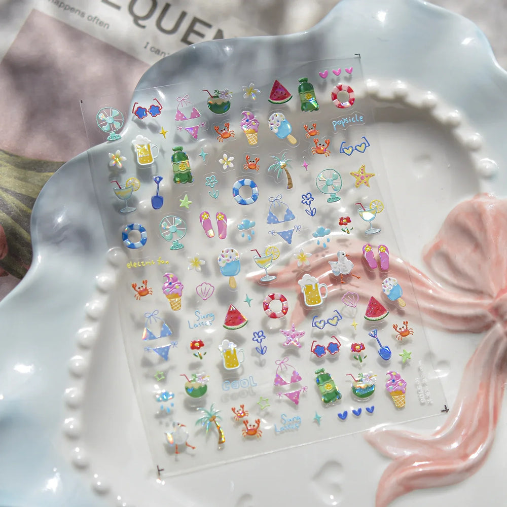 Summer Beach Bikini Watermelon Cat Popsicle Swim Ring Ice Cream Shell Coconut Tree Nail Art Decoration Stickers Manicure Decals (Online Order Only)