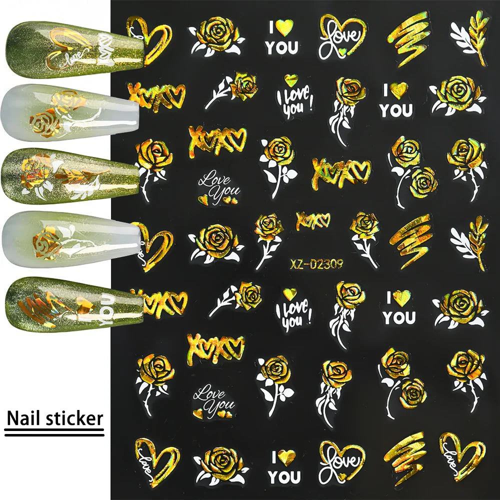 12pcs 3D Golden Glitter Heart Love Nail Stickers Valentine Self Adhesive Cute Cartoon Decal Geometry Slider Manicure Decoration* (ONLINE ORDER ONLY)