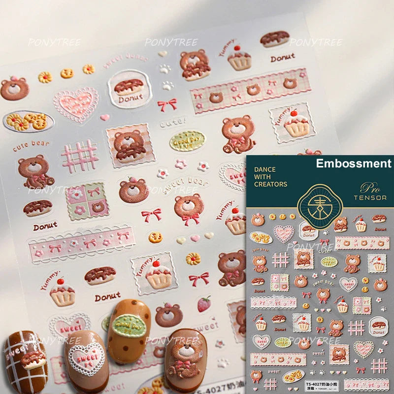 Toast Butter Brioche Bread Dim Sum Cookie Cherry Pudding Food Fork Doughnut Relief Adhesive Nail Art Stickers Manicure Decals (ONLINE ORDER ONLY)