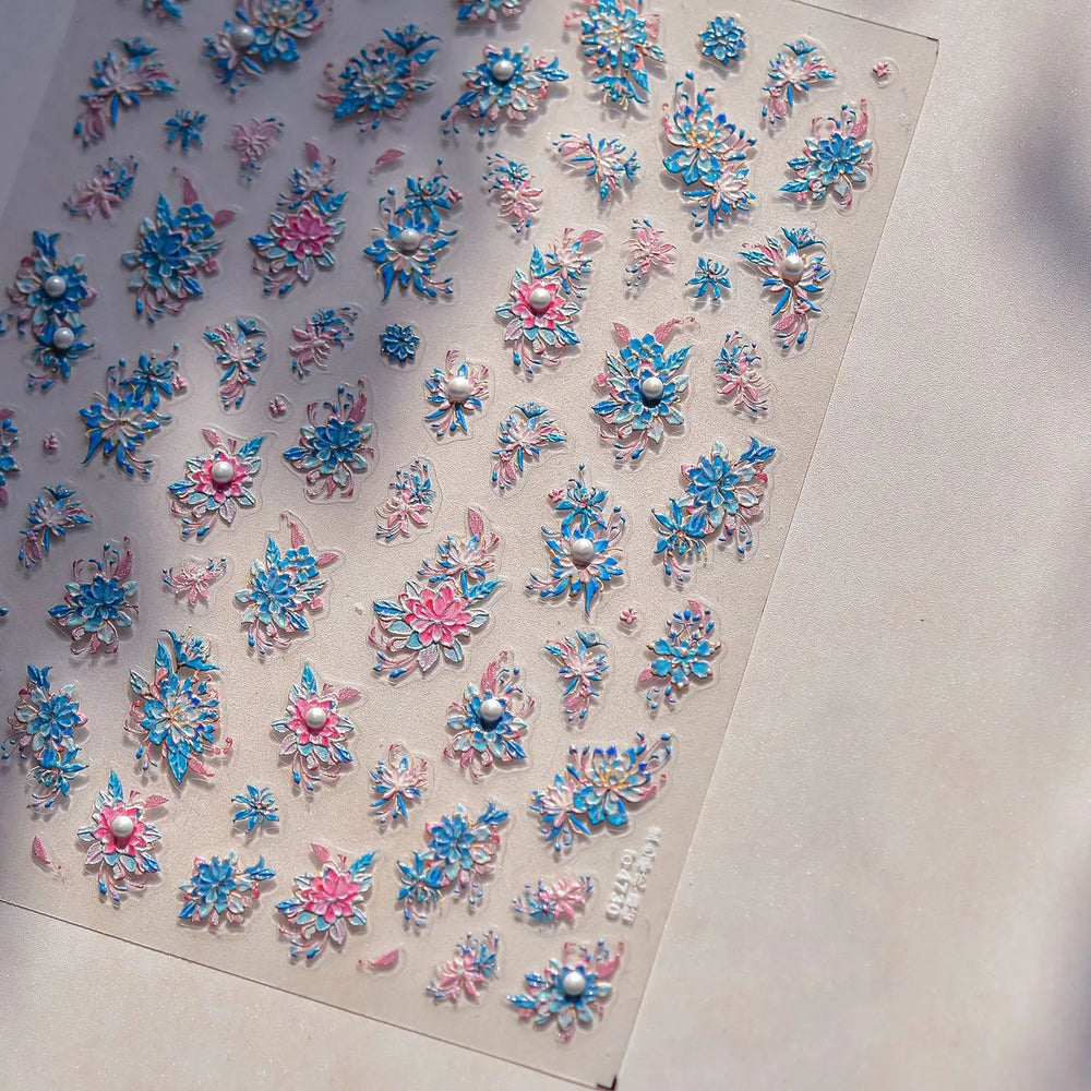 Delicate Shiny Pink Flower Blue Hairpin with Flower Decoration Self Adhesive Nail Art Stickers Pearl Rhinestone Manicure Decals (Online Order Only)