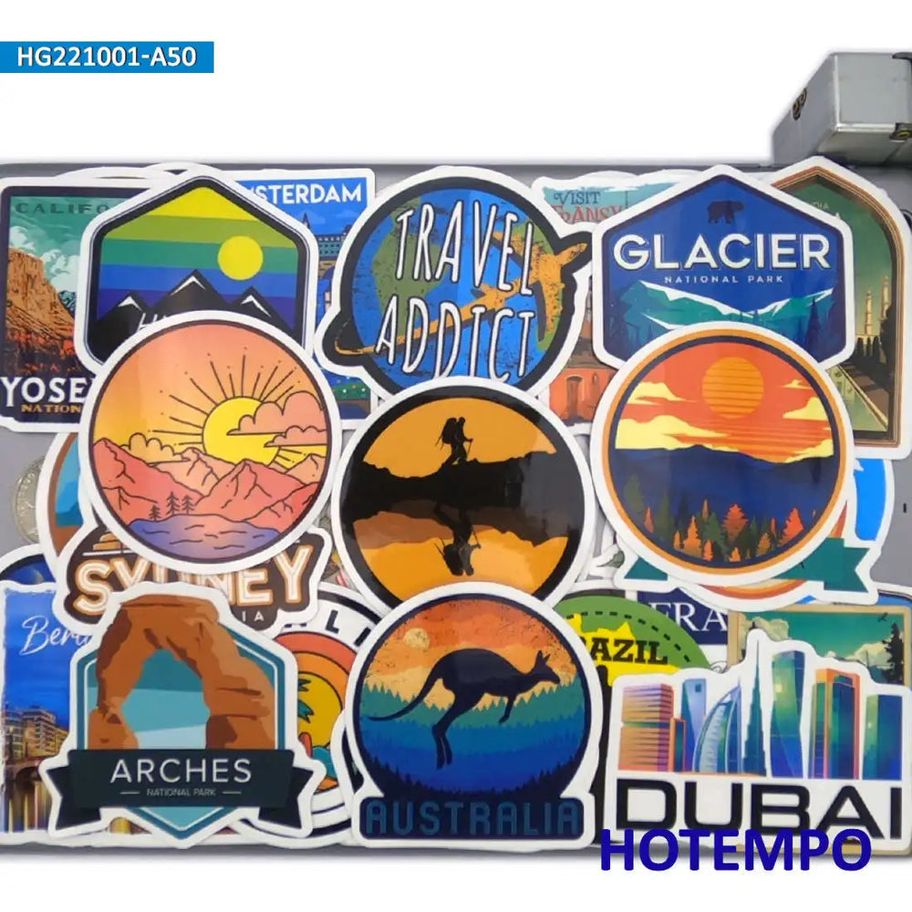 50PCS World Travel Stickers Climbing Camping Hiking Outdoor Adventure Decals for DIY Phone Laptop Luggage Motorcycle Car Sticker (ONLINE ORDER ONLY)