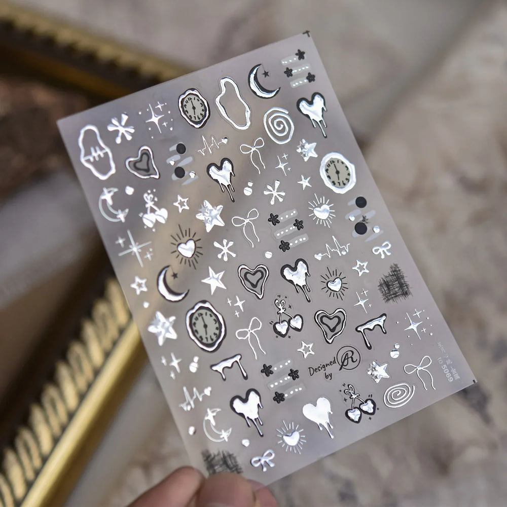 Silver Star Moon Clock Watch Cherry Love Heart Bowknot Gird Irregular Lines Dot Liquid Lava Nail Art Stickers Manicure Decals (ONLINE ORDER ONLY)