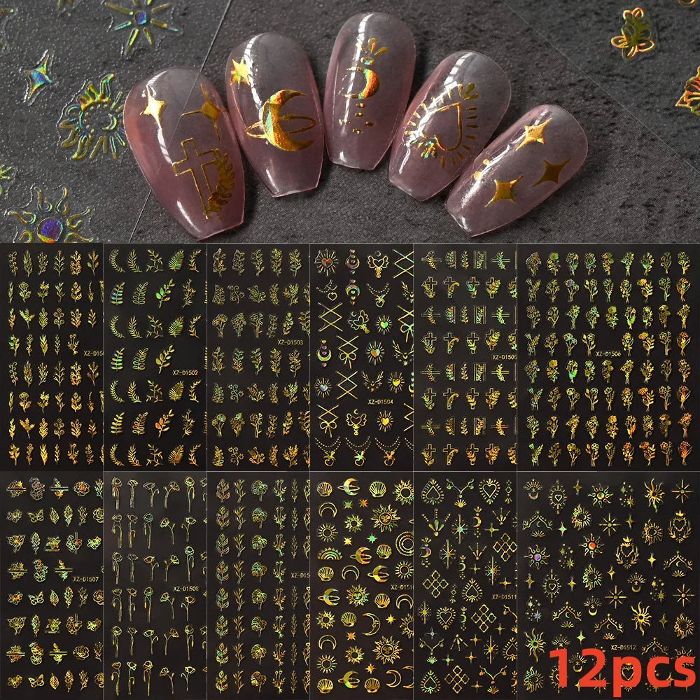 12pcs 3D Golden Glitter Heart Love Nail Stickers Valentine Self Adhesive Cute Cartoon Decal Geometry Slider Manicure Decoration* (ONLINE ORDER ONLY)