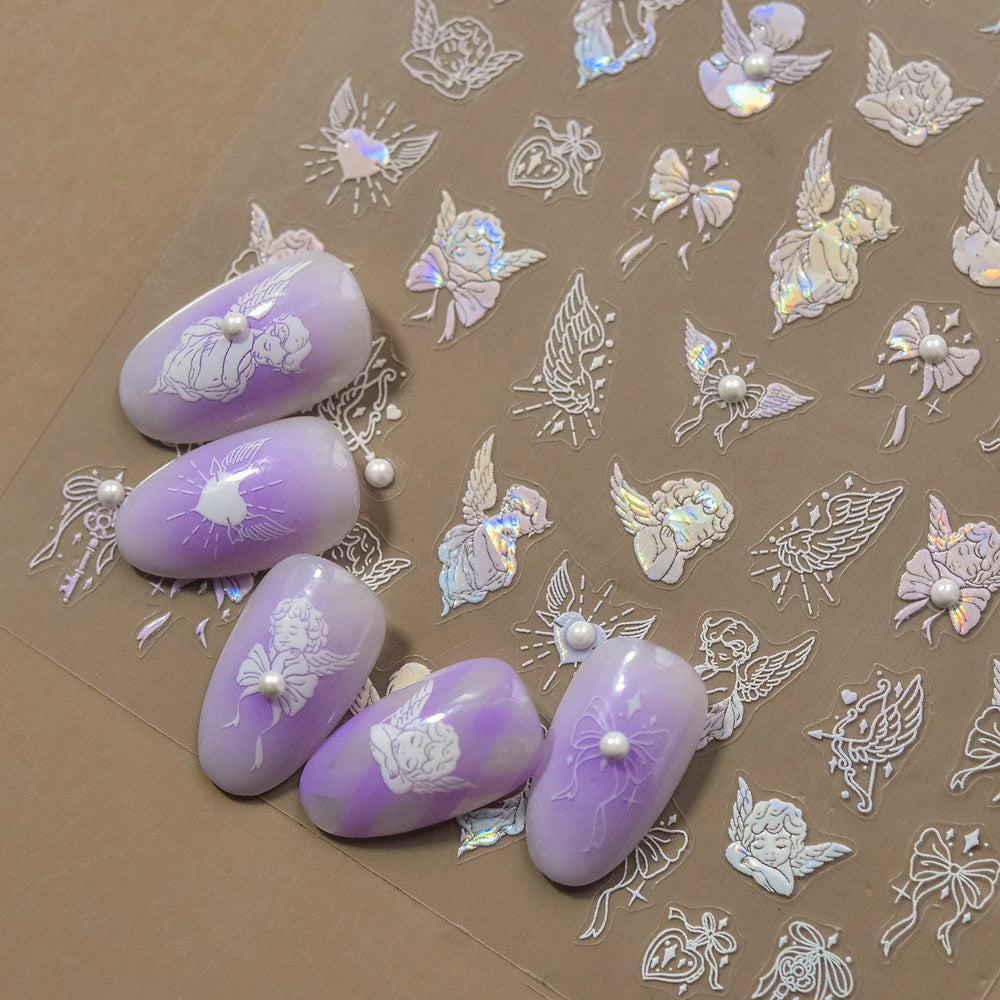 White Pink Baby Child Angel Wing Heart Bowknot Leaves Key Star Cupid's Arrow Archery Adhesive Nail Art Stickers Manicure Decals (ONLINE ORDER ONLY)