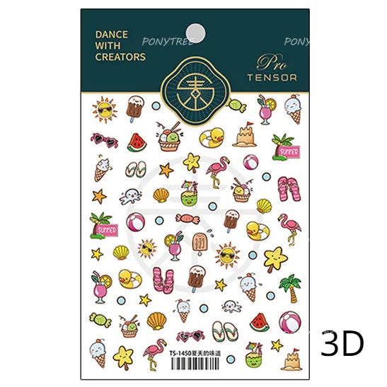Summer Beach Bikini Watermelon Strawberry Ice Cream Soda Coconut Tree Fan Juice Crab Nail Art Decoration Stickers Manicure Decal (ONLINE ORDER ONLY)