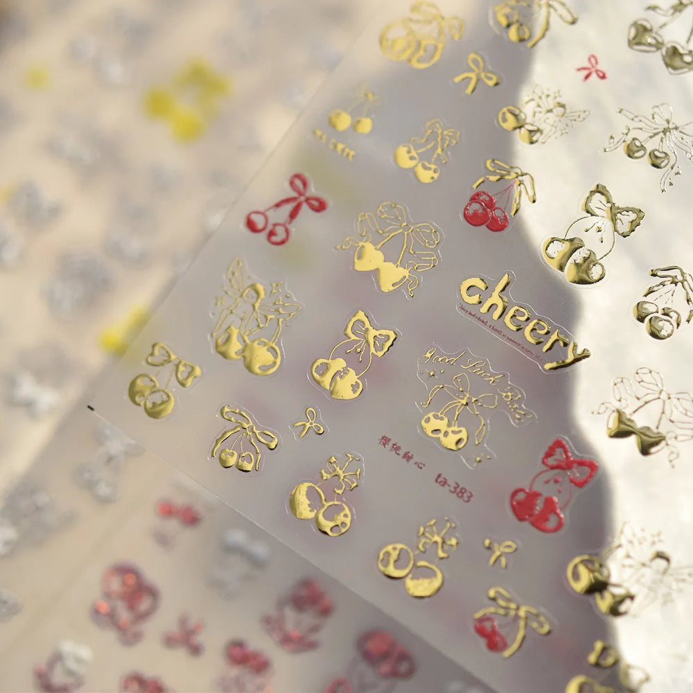 Colourful Cherry Abundant Fruits Bowknot Shiny White Line Outline Self Adhesive Nail Art Stickers Chic Rhinestone Manicure Decal (ONLINE ORDER ONLY)
