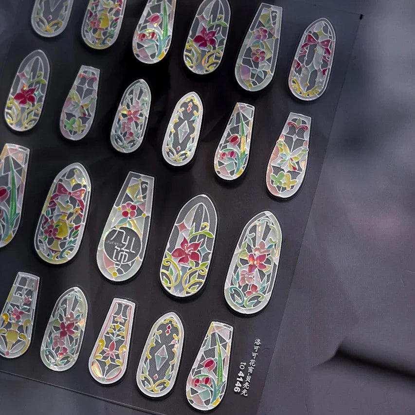 Retro Shiny Glazed Rococo Flower Window Dreamy Butterfly Geometric Frame Stamp Embossed Reliefs Nail Art Stickers Manicure Decal (Online Order Only)