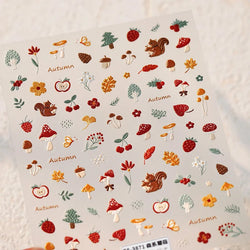 Squirrel Mushroom Apple Strawberry Cherry Pinecone Ginkgo Leaf Self Adhesive Nail Art Stickers Butterfly Flower Manicure Decals (ONLINE ORDER ONLY)