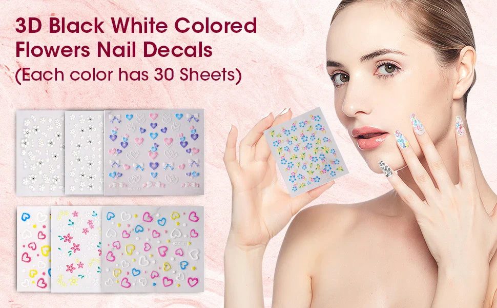 30 Sheet 3D Flower Nail Stickers Decals 6.5*5cm Transparent White Floral Leaf Butterflies Heart Nail Art Adhesive Strip Supplies (ONLINE ORDER ONLY)