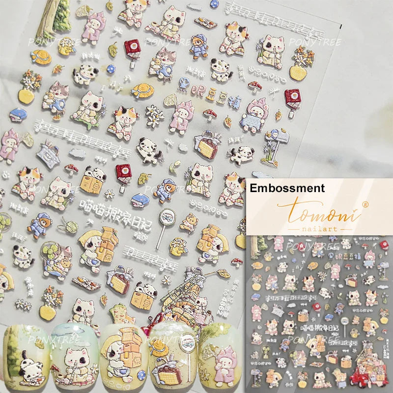 Spring Dog Bear Toy Rose Flower Floral Print Letter Bone Butterfly Cat Puppy Relief Adhesive Nail Art Stickers Manicure Decals (Online Order Only)