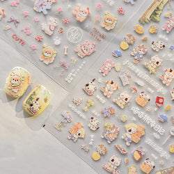 Spring Dog Bear Toy Rose Flower Floral Print Letter Bone Butterfly Cat Puppy Relief Adhesive Nail Art Stickers Manicure Decals (Online Order Only)