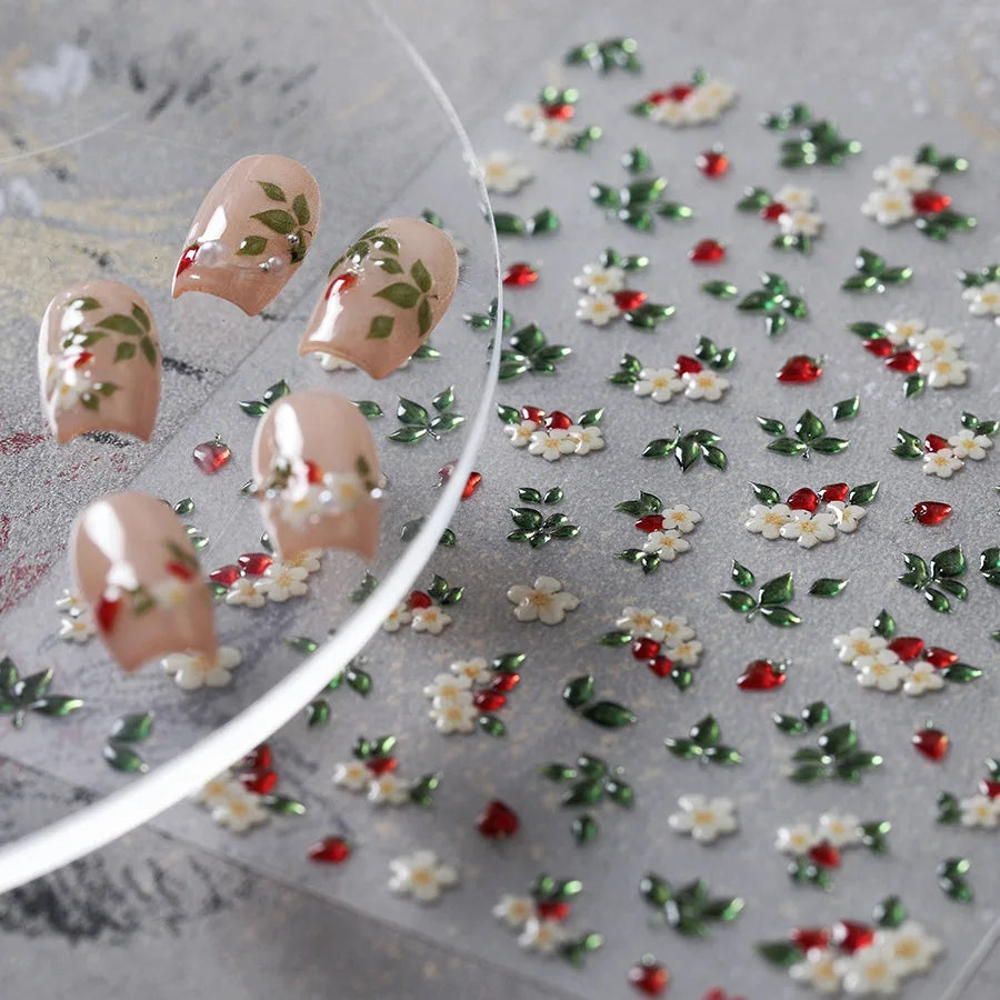 Delicate Chic White Flower Jelly Green Leaves Red Fruits Lily Gardenia Self Adhesive Nail Art Stickers Rhinestone Manicure Decal (Online Order Only)