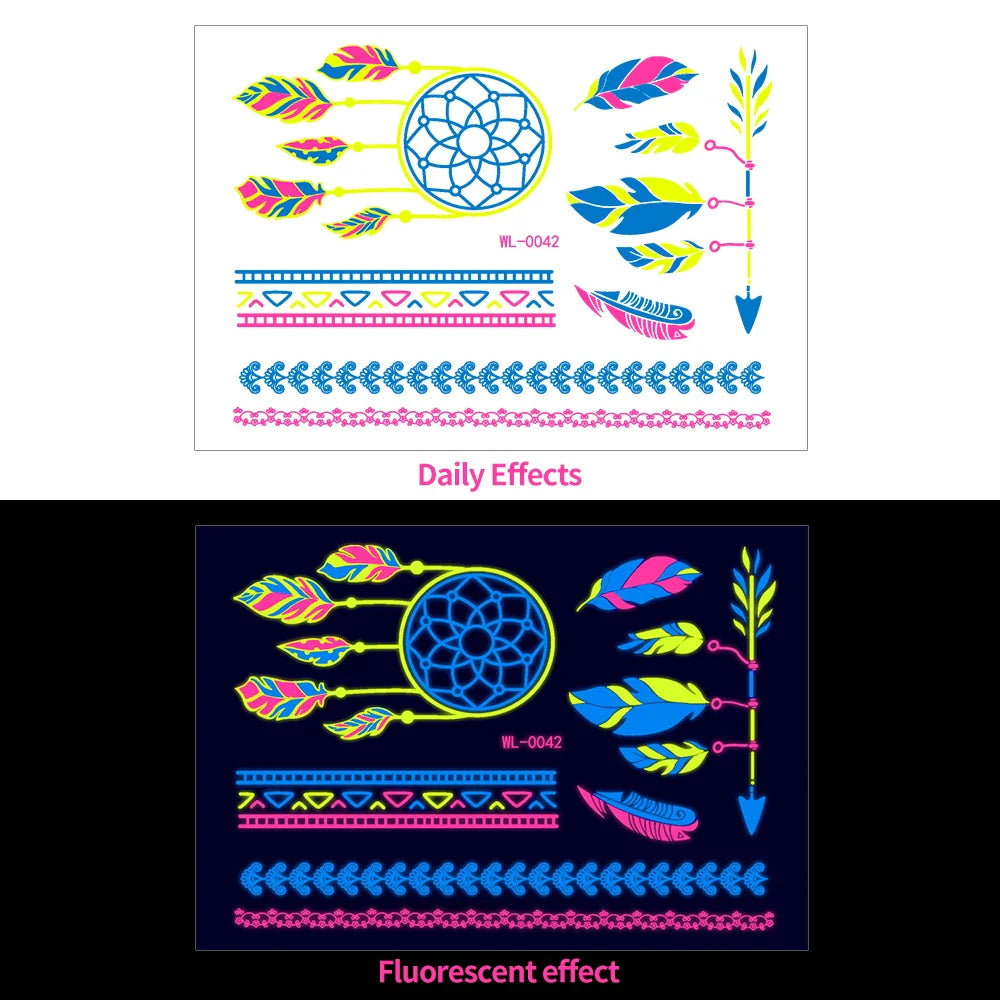 1pc Bohemia Fluorescent Sticker Luminous Temporary Tattoos Stickers UV Glow Fluorescent Tattoo Waterproof For Body Art Decals *& (Online Order Only)