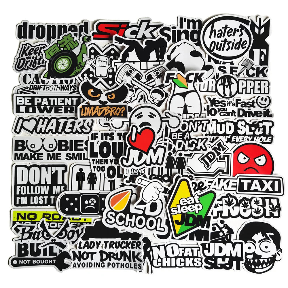 50pcs Funny JDM Styling Stickers Skateboard Luggage Bumper Bike Car Motorcycle Scooter Cool Decals Sticker Bomb Toy Waterproof (Online Order Only)