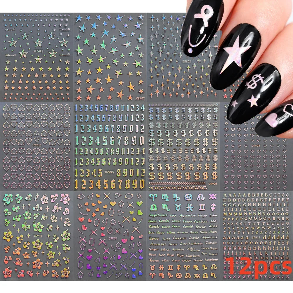 12PCS White Flowers Leaves 3D Nail Stickers Star/Moon/Sun Nail Art Decoration Decals Geometric Flower Stickers Nail Art Supplies (ONLINE ORDER ONLY)