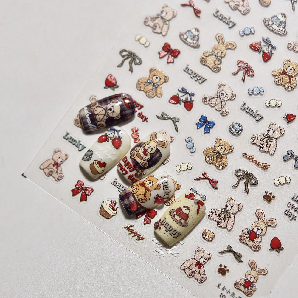 Charm Retro Bear Candy Cake Bowknot Rabbit Bunny Strawberry Footprint Muffin 3D Adhesive Nail Art Stickers Chic Manicure Decals (ONLINE ORDER ONLY)