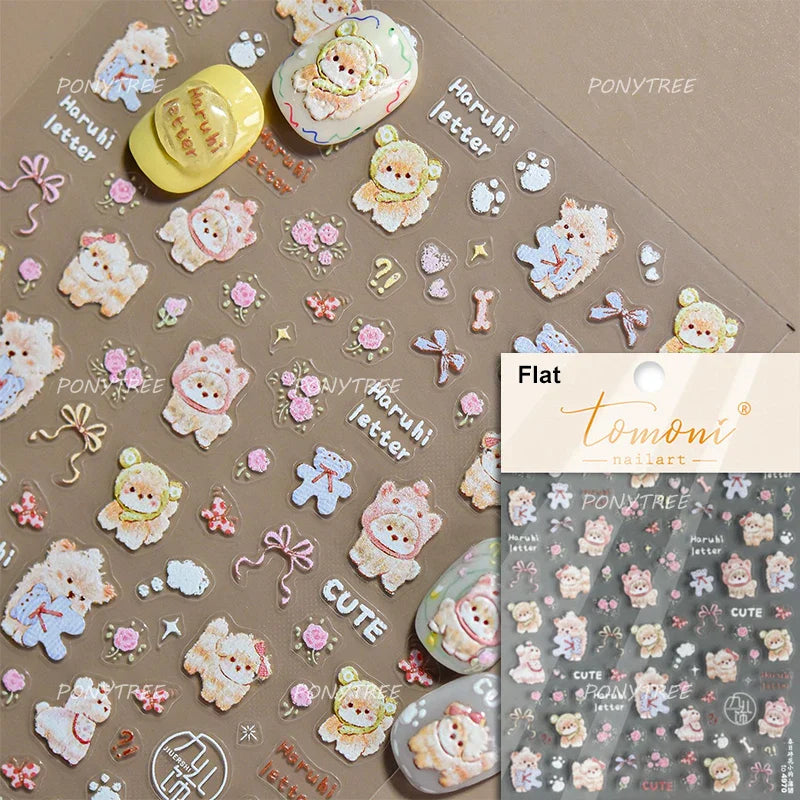 Spring Dog Bear Toy Rose Flower Floral Print Letter Bone Butterfly Cat Puppy Relief Adhesive Nail Art Stickers Manicure Decals (Online Order Only)