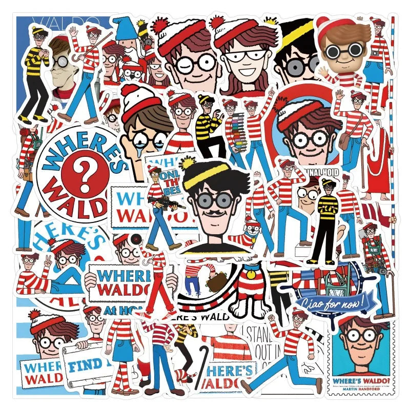 50pcs Where's Waldo Anime Stickers for Laptop, Phone, Car, Scooter, Suitcase, Water Bottle, Stationery, Refrigerator Decoration (Online Order Only)