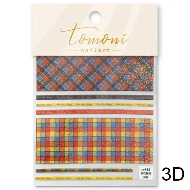 Geometric French Style Colorful Square Grid Rhombus Line Stripe Bowknot 3D Self Adhesive Nail Art Stickers Shiny Manicure Decals (ONLINE ORDER ONLY)