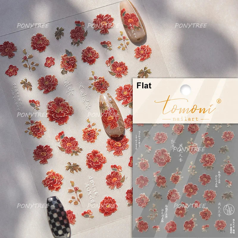 Oil Painting Style Rose Camellia Flower Vase Romantic Candle Holder Bowknot Embossed Adhesive Nail Art Stickers Manicure Decals (ONLINE ORDER ONLY)