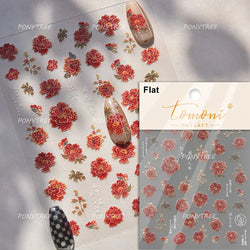 Oil Painting Style Rose Camellia Flower Vase Romantic Candle Holder Bowknot Embossed Adhesive Nail Art Stickers Manicure Decals (ONLINE ORDER ONLY)