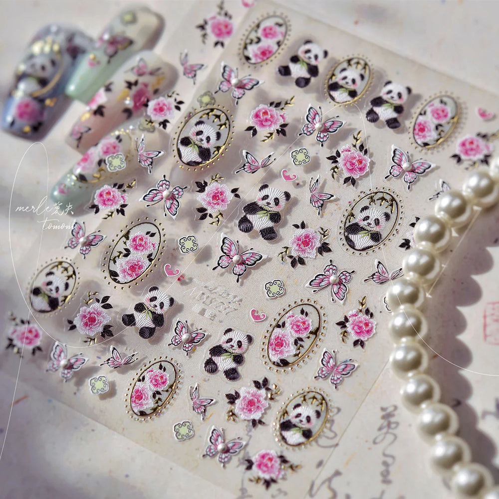 Panda Bamboo Butterfly Pattern Totem Figure Peony Flower Love Heart Adhesive Nail Art Stickers Embroidery Pearl Manicure Decals (ONLINE ORDER ONLY)