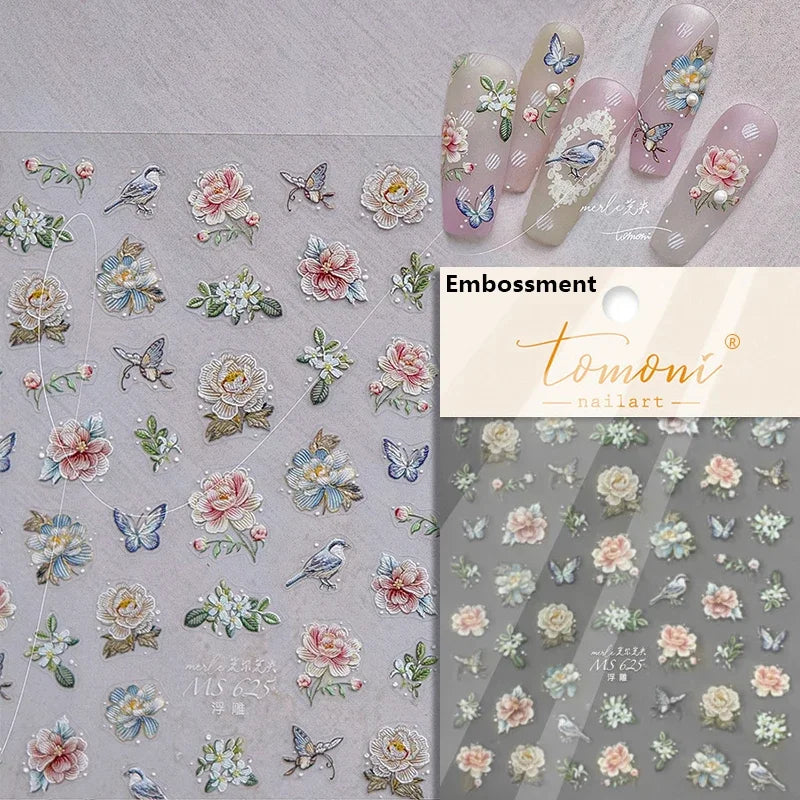 Romantic Candle Holder Lace Rambler Rose Pink Flower Bowknot Candlestick Ribbon Adhesive Nail Art Stickers Shiny Manicure Decals (ONLINE ORDER ONLY)