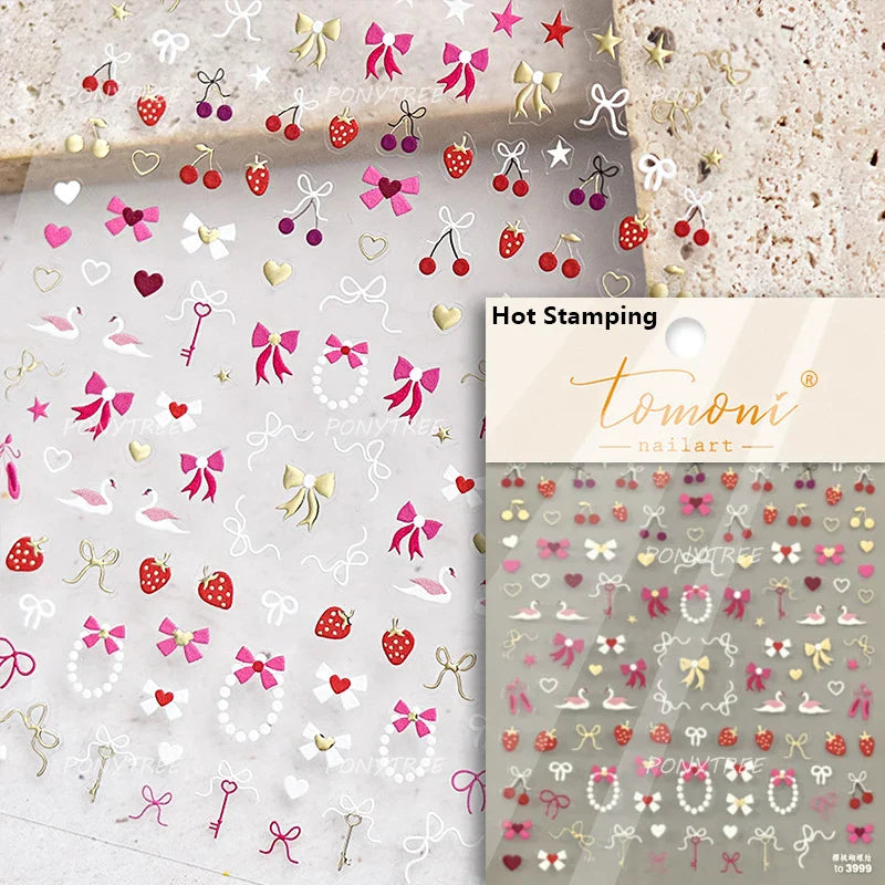 Lovely Pink Red Cherry Fruit Love Heart Star Lucky Letter Bowknot Romantic Adhesive Nail Art Stickers Rhinestone Manicure Decals (Online Order Only)