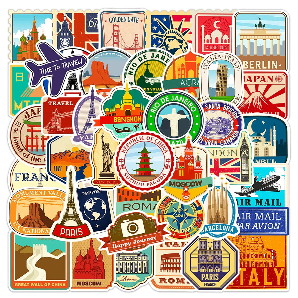 10/30/50PCS Building Landmark Vintage Travel Stickers Graffiti DIY Phone Luggage Laptop Guitar Suitcase Skateboard Kids Sticker (ONLINE ORDER ONLY)
