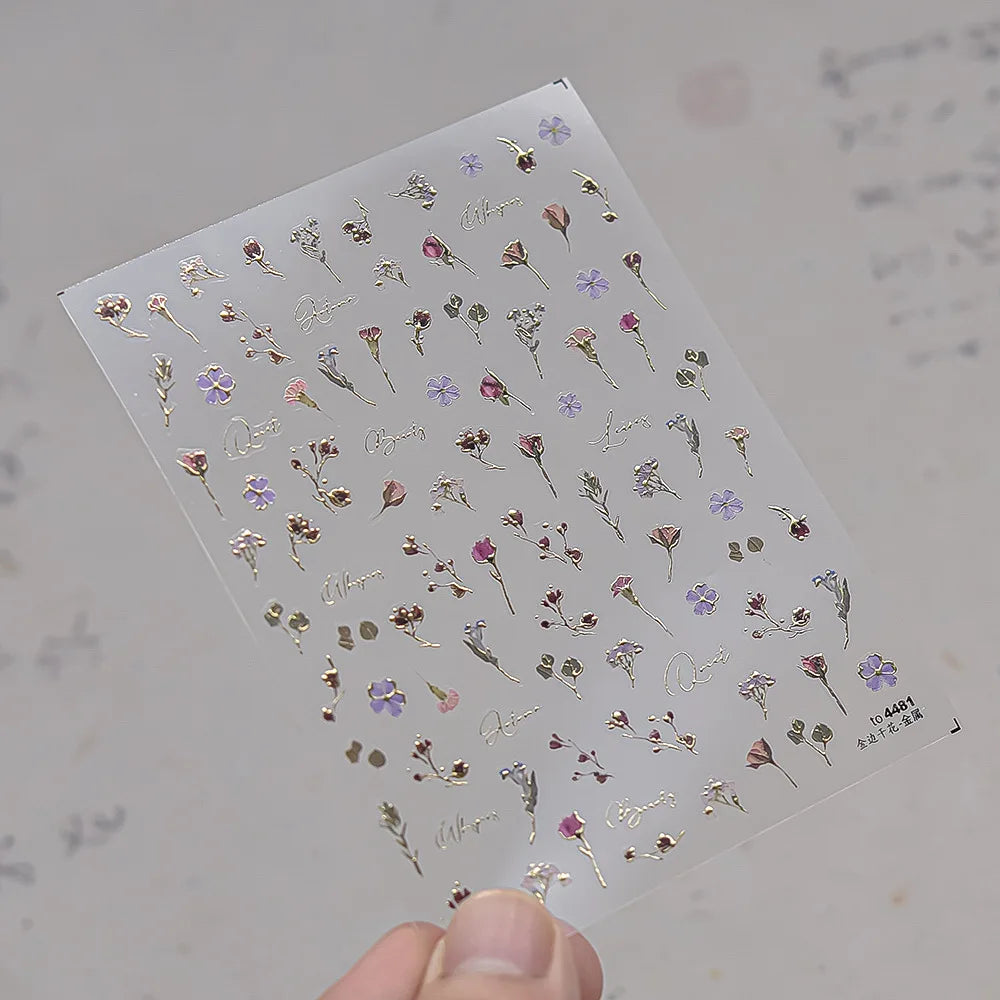 Dried Flowers Rose Butterfly Love Heart Golden Stroke Flying Crane Silver Adhesive Nail Art Stickers Rhinestone Manicure Decals (ONLINE ORDER ONLY)