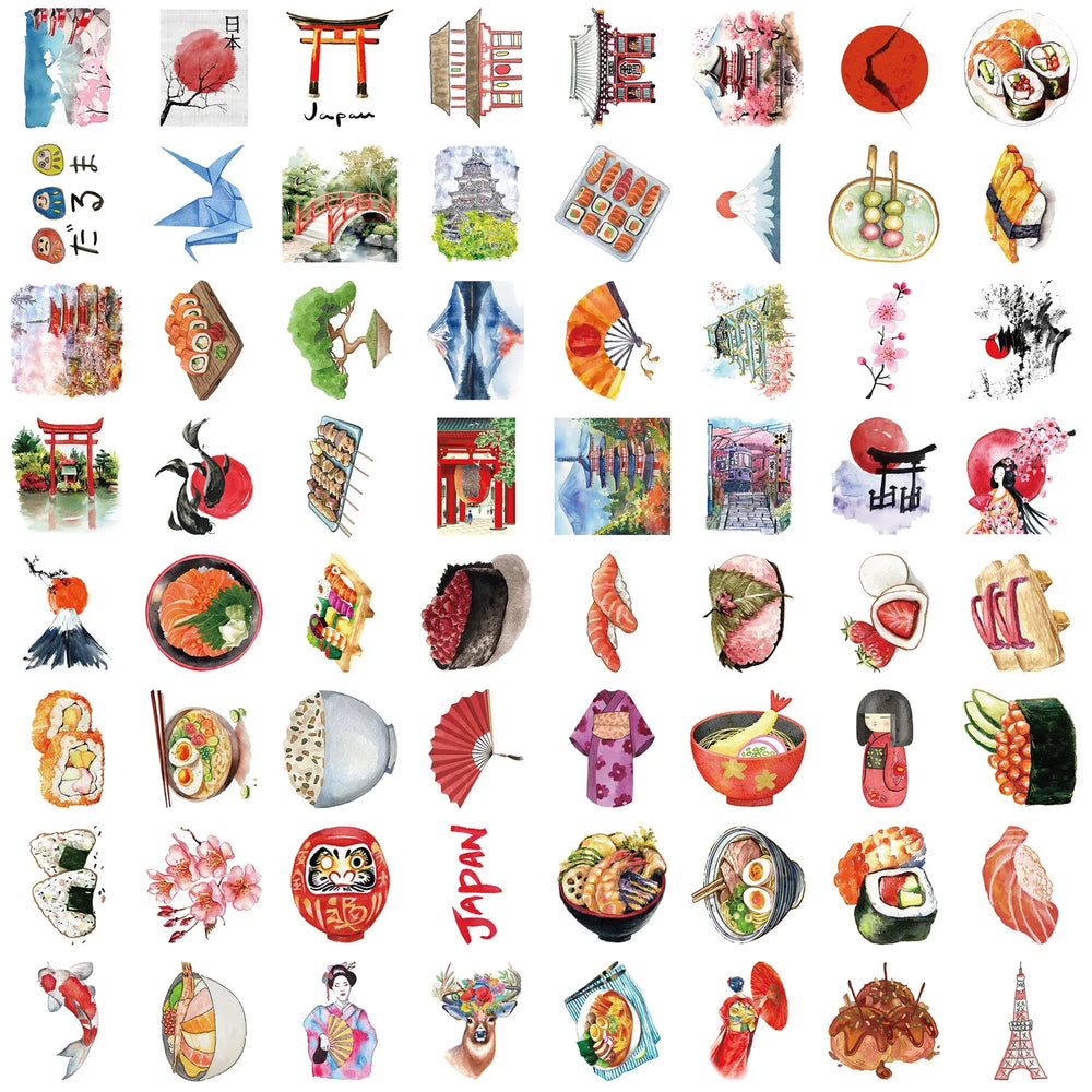 64pcs Watercolor Japan Travel Cartoon Graffiti Sticker DIY Phone Guitar Laptop Notebook Suitcase Cup Waterproof Sticker Kid Toy﻿ (Online Order Only)