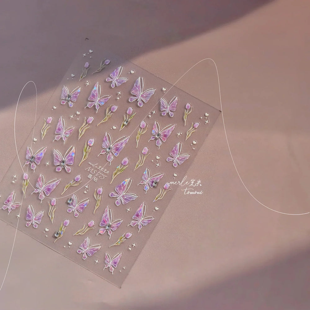 Blue Purple Tulip Flower Butterfly Garden Blossom Floral Charming Delicate 5D Relief Adhesive Nail Art Stickers Manicure Decals (ONLINE ORDER ONLY)