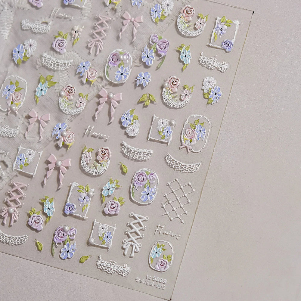 Rose Flower Bouquet Leaves Lace Bowknot Pearl Photo Frame Gird Embossed Reliefs Self Adhesive Nail Art Stickers Manicure Decals (ONLINE ORDER ONLY)