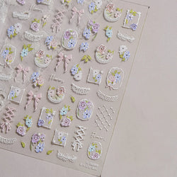 Rose Flower Bouquet Leaves Lace Bowknot Pearl Photo Frame Gird Embossed Reliefs Self Adhesive Nail Art Stickers Manicure Decals (ONLINE ORDER ONLY)