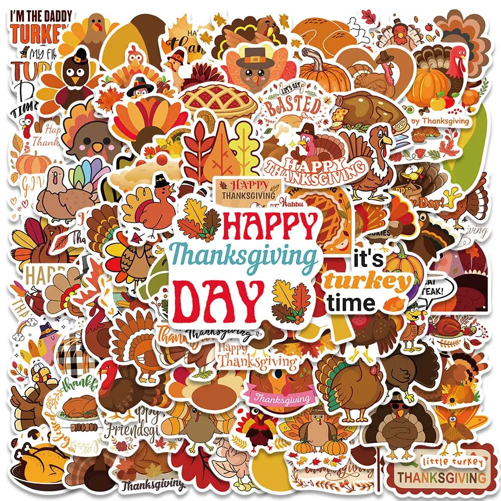 Thanksgiving Turkey Pumpkin Cartoon Stickers - 50/100pcs DIY Laptop Luggage Skateboard Decals for Kids (Online Order Only)