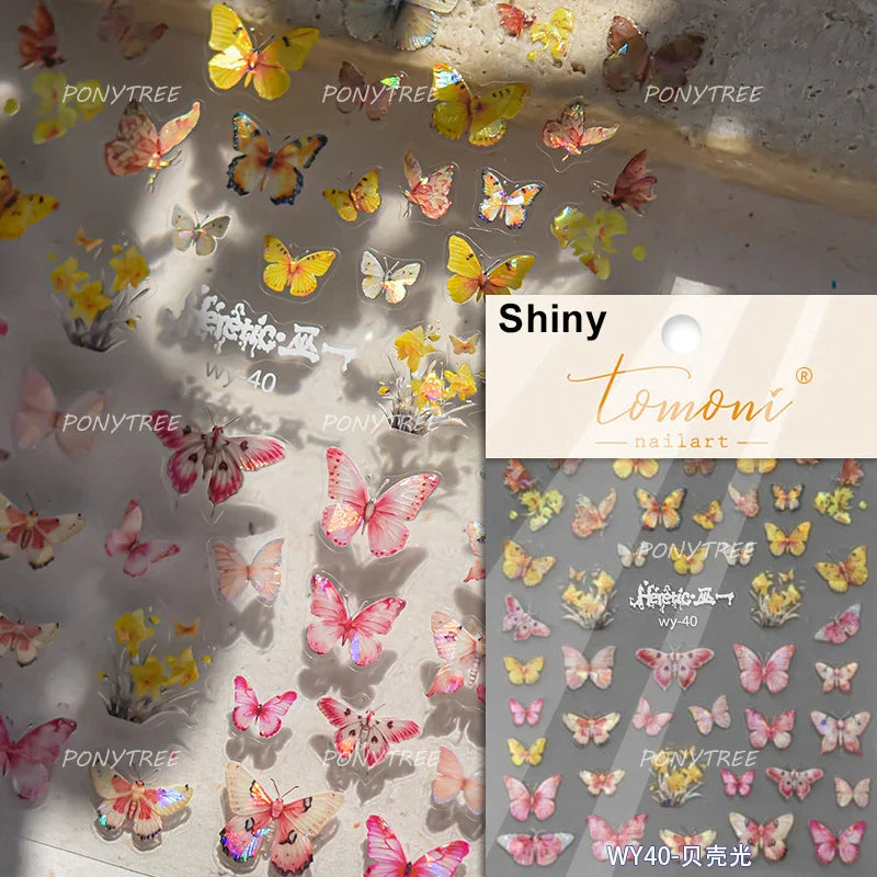Delicate Dreamy Petal Star Tulip Flower Purple Bowknot Butterfly Illusion Chic Relief Adhesive Nail Art Stickers Manicure Decals (Online Order Only)