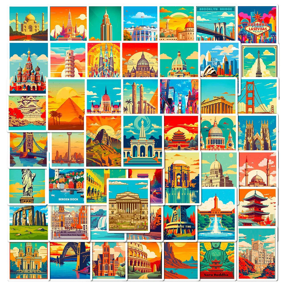 Cartoon Landmark Stickers: Laptop, Scrapbook, Phone, Guitar, Wall Decor (Online Order Only)
