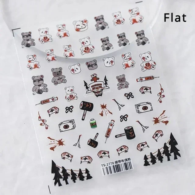 Cat Eye Halloween Terror Spider Cross Rose Love Heart Flower Snake Web Candy Bunny Thrilling Nail Art Stickers Manicure Decals (Online Order Only)