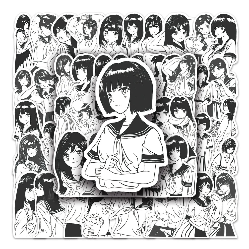 50Pcs Black & White Cartoon Waterproof Vinyl Stickers for Skateboard Snowboard (Online Order Only)