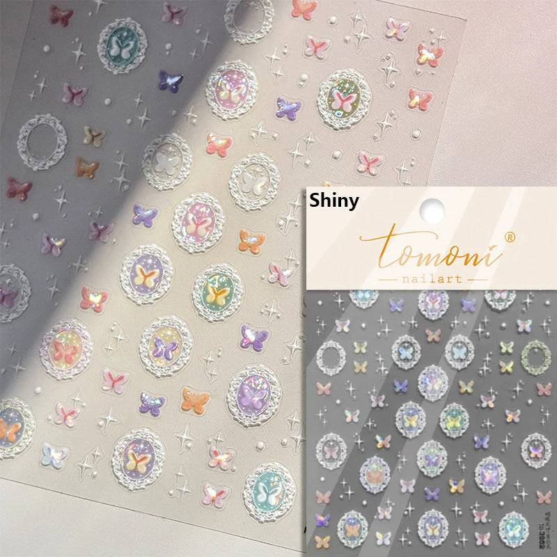 Retro Shiny Glazed Rococo Flower Window Dreamy Butterfly Geometric Frame Stamp Embossed Reliefs Nail Art Stickers Manicure Decal (Online Order Only)