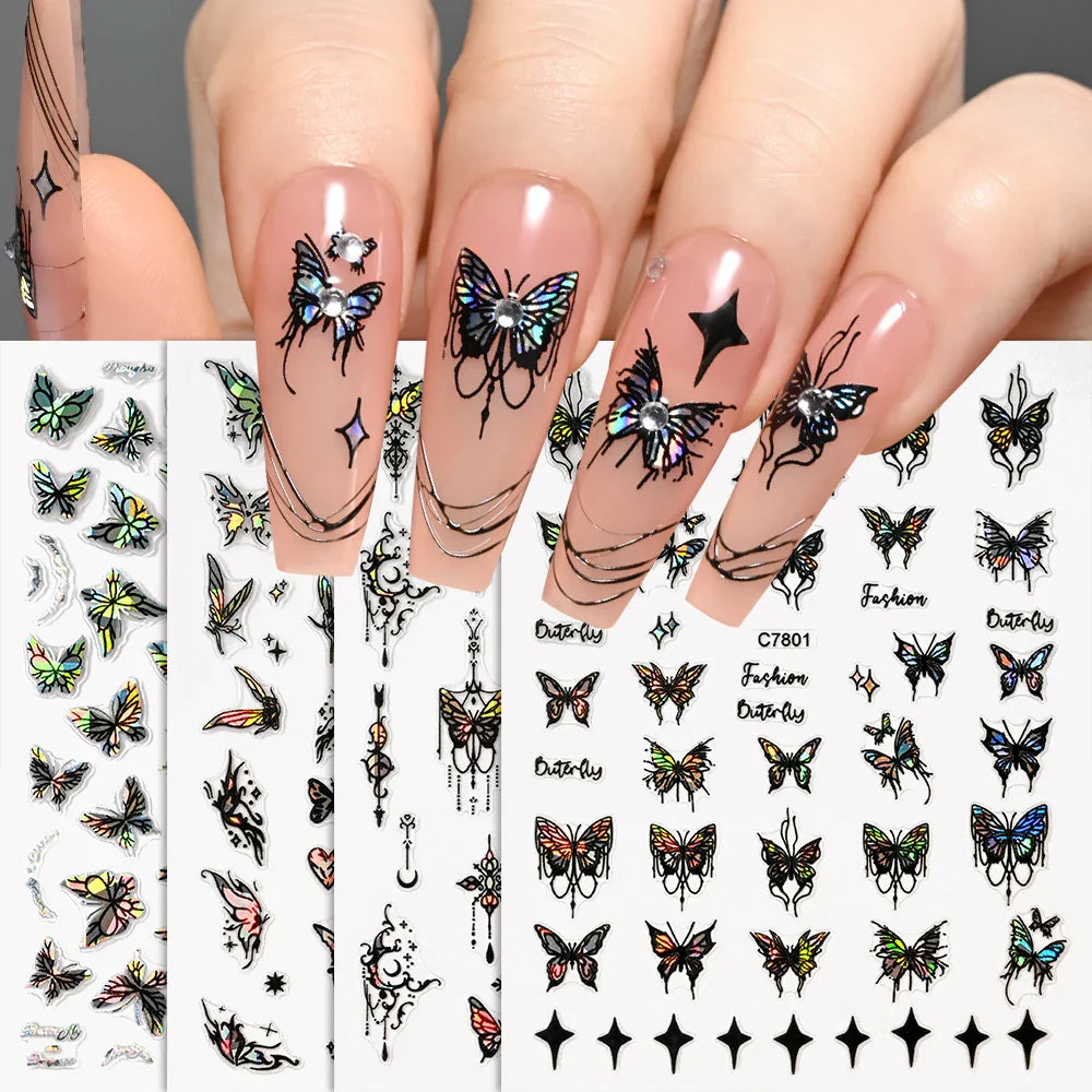 1pcs Butterfly Floral Nail Art Stickers Magic Shell Light Laser Black/White Nail Decoration Butterfly Slider Manicure Ornaments* (Online Order Only)