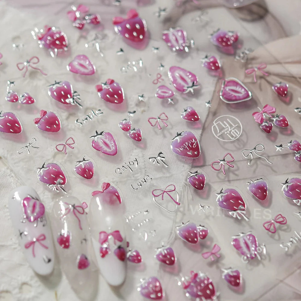 Cute Pink Tempting Strawberries Attractive Fruit Cutting Line Bowknot Star Silver Stamping Chic Nail Art Stickers Manicure Decal (ONLINE ORDER ONLY)