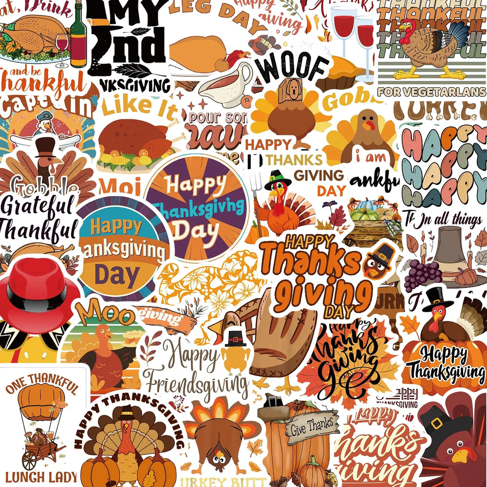 50pcs Cartoon Thanksgiving Day Sticker Funny Pumpkin Turkey Autumn Maple Leaf Graffiti Decals DIY Laptop Luggage Skateboard (Online Order Only)
