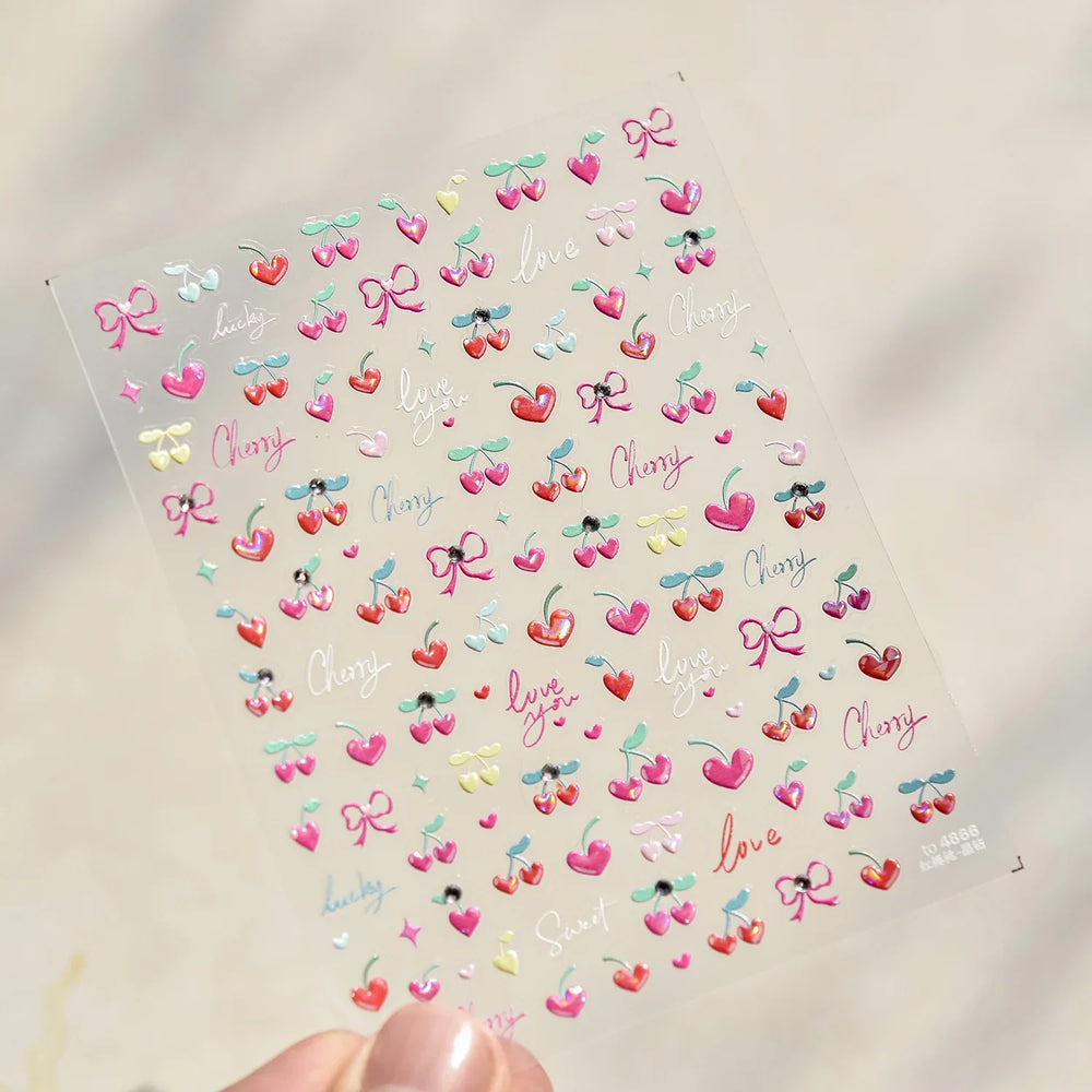 Lovely Pink Red Cherry Fruit Love Heart Star Lucky Letter Bowknot Romantic Adhesive Nail Art Stickers Rhinestone Manicure Decals (Online Order Only)